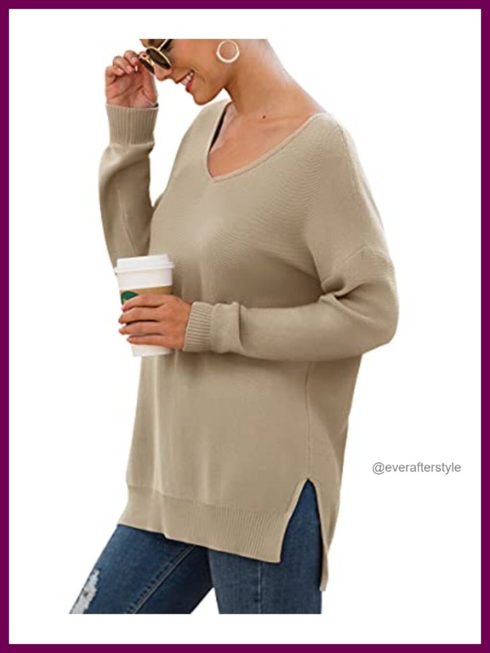 Women's V-Neck Long Sleeve Side Split Loose Knit Pullover Sweater - Picture 3 of 6